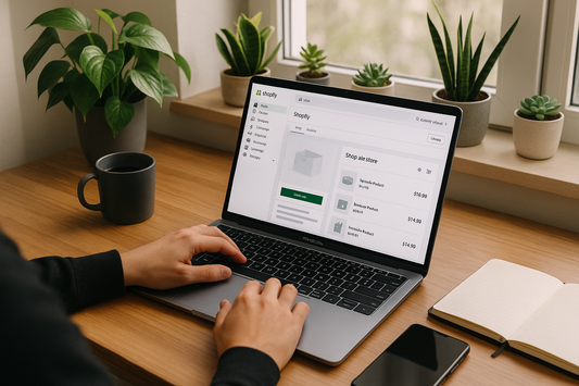 Person setting up an online store using Shopify on a MacBook Pro, e-commerce website development, digital marketing, and remote business setup with indoor plants on windowsill.